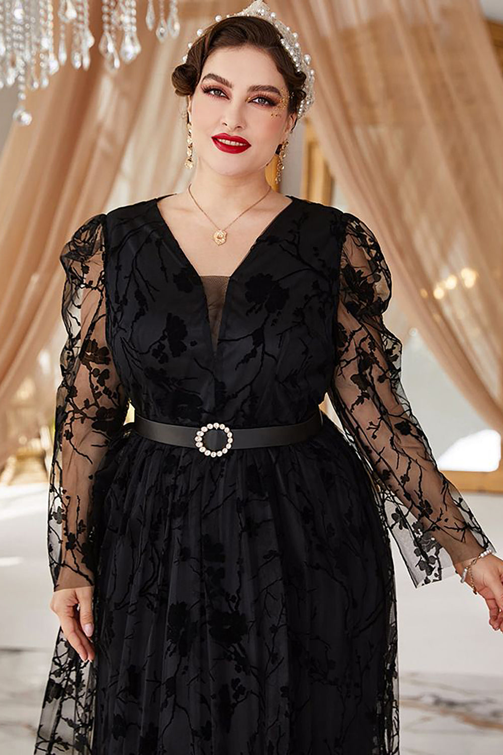 Plus Size Czarny Koronki Długie Rękawy Sukienka Na Studniówkę