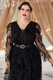 Plus Size Czarny Koronki Długie Rękawy Sukienka Na Studniówkę