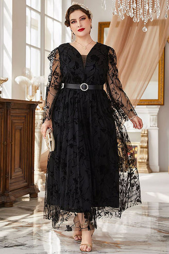 Plus Size Czarna Sukienki Letnie z Dlugim Rekawem z Paskiem