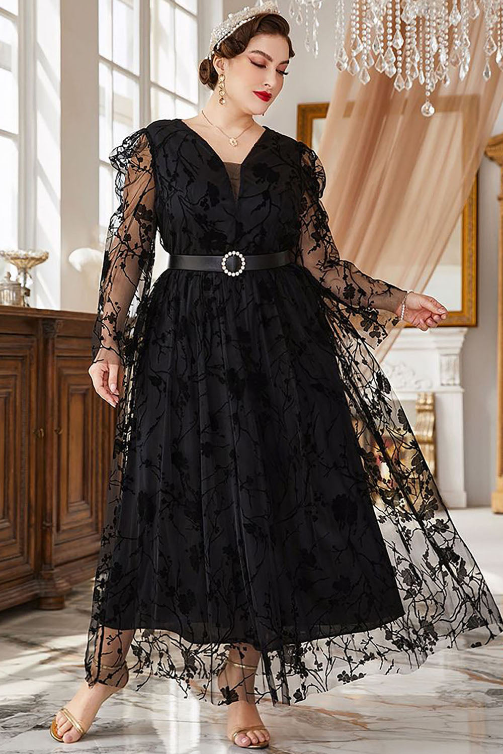 Plus Size Czarny Koronki Długie Rękawy Sukienka Na Studniówkę