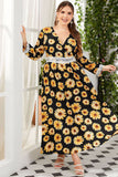 Żółta Kwiatowy Nadruk Sukienka Plus Size Z Dlugim Rekawem
