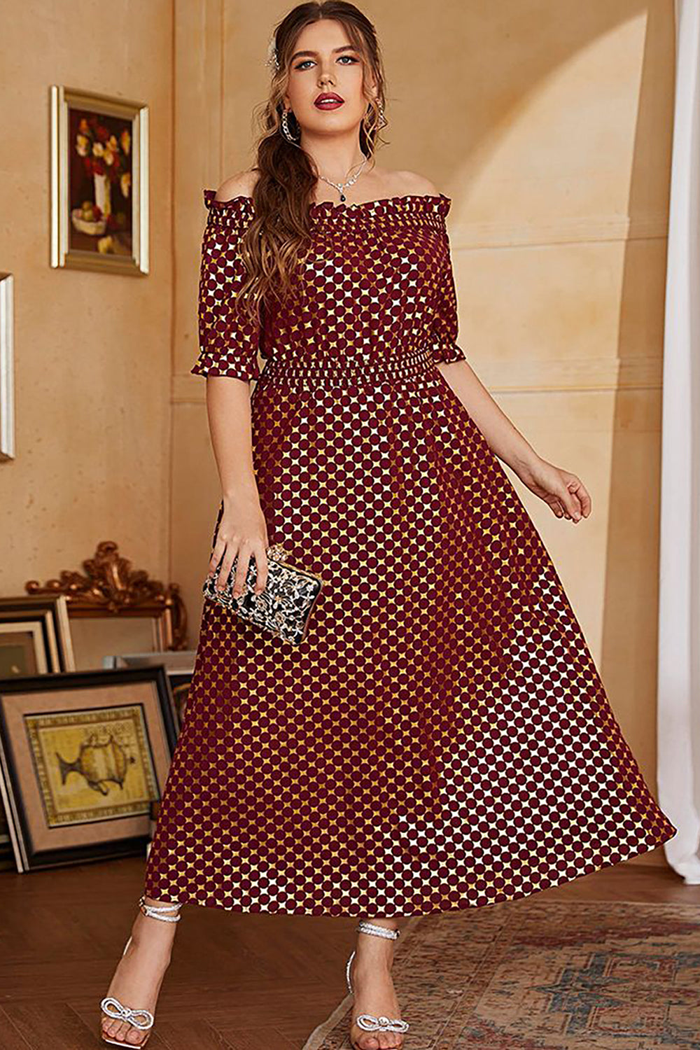 Plus Size Czerwone Złoto Odkrytymi Ramionami Sukienka Na Studniówkę