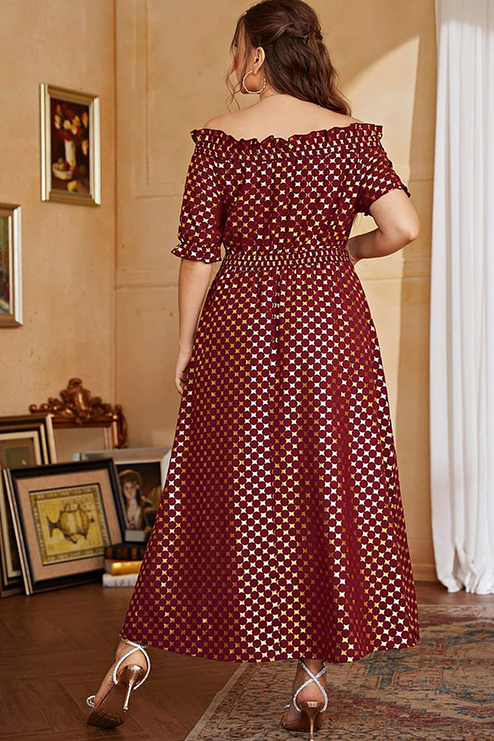 Plus Size Czerwone Złoto Odkrytymi Ramionami Sukienka Na Studniówkę