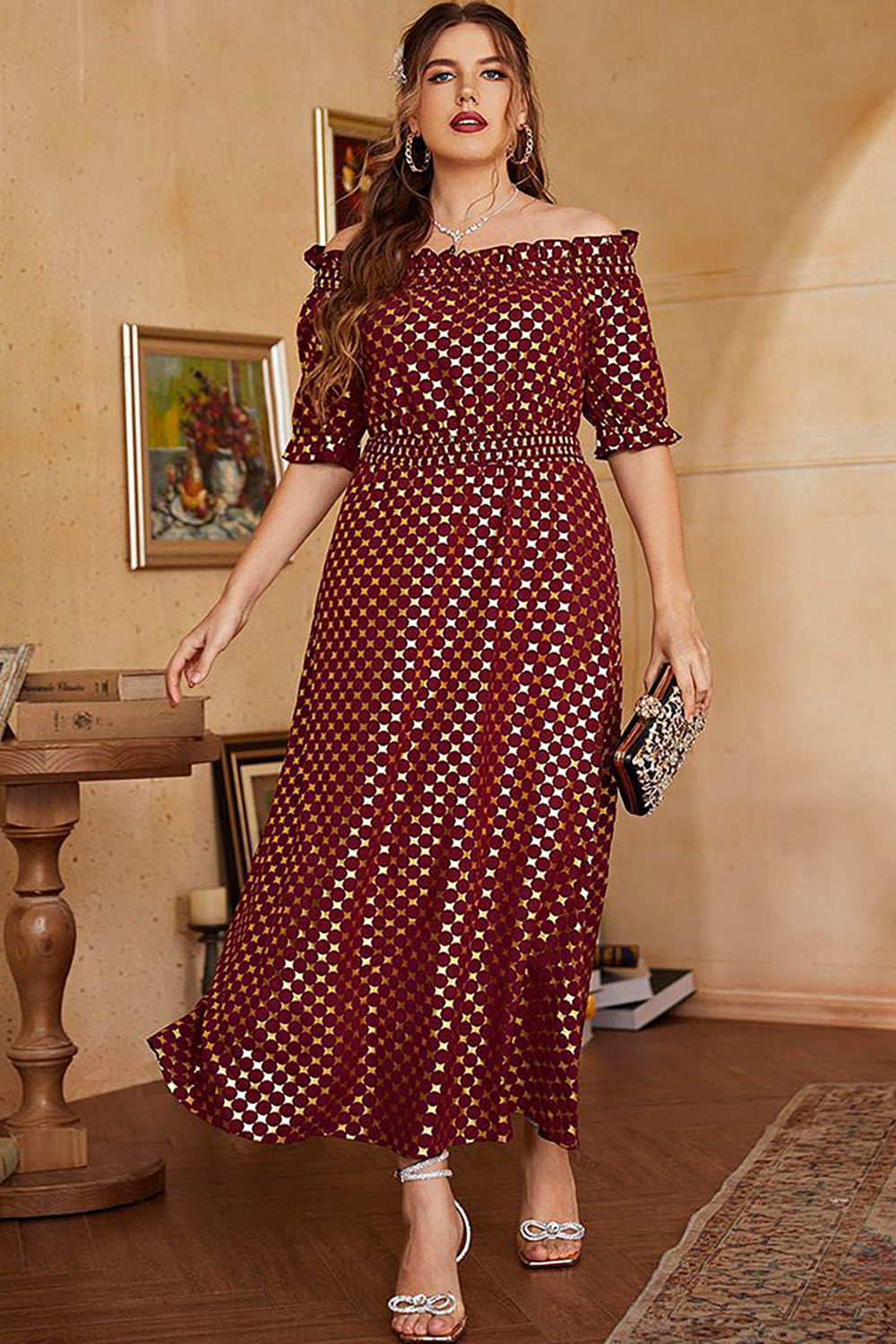 Plus Size Czerwone Złoto Odkrytymi Ramionami Sukienka Na Studniówkę