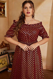 Plus Size Czerwone Złoto Odkrytymi Ramionami Sukienka Na Studniówkę