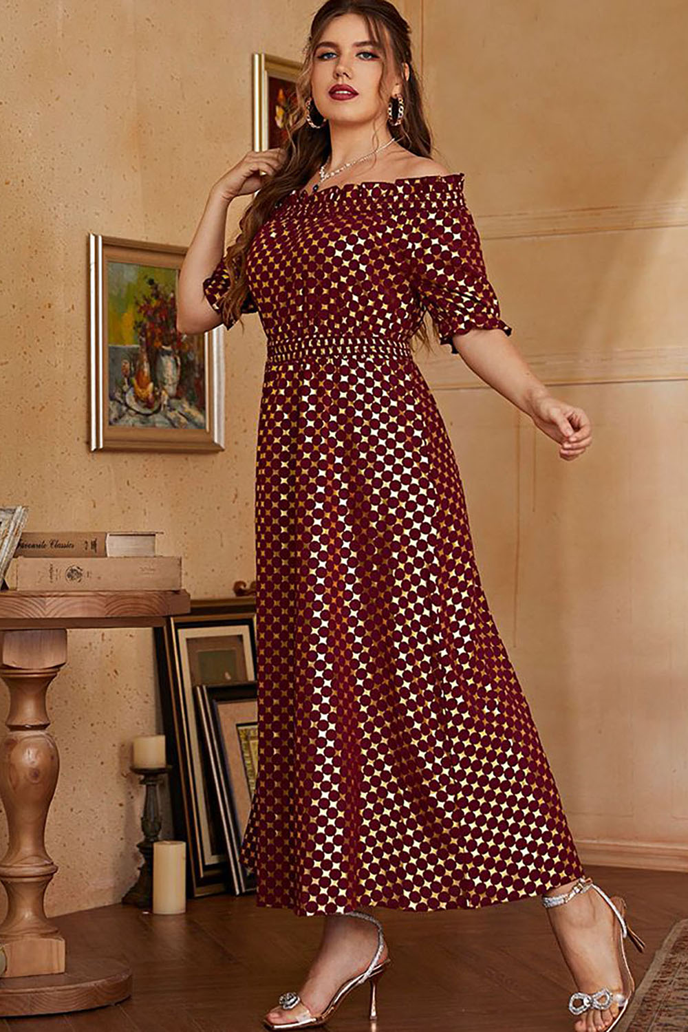 Plus Size Czerwone Złoto Odkrytymi Ramionami Sukienka Na Studniówkę