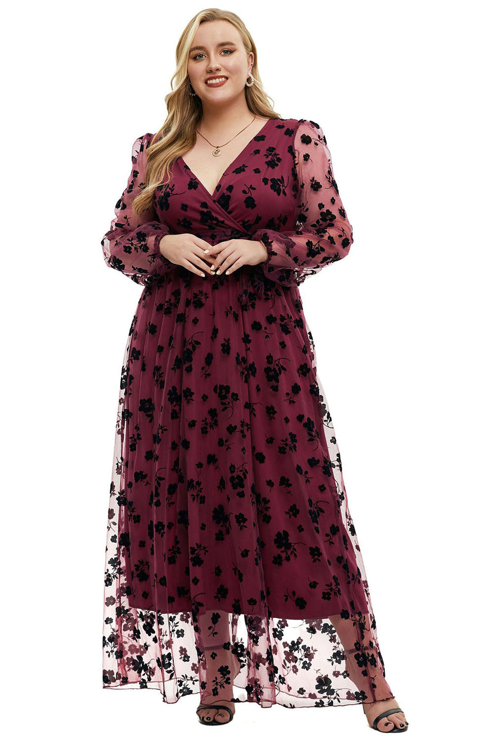 Plus Size Burgundia Długa Sukienka Na Wesele Z Dlugim Rekawem w Kwiaty