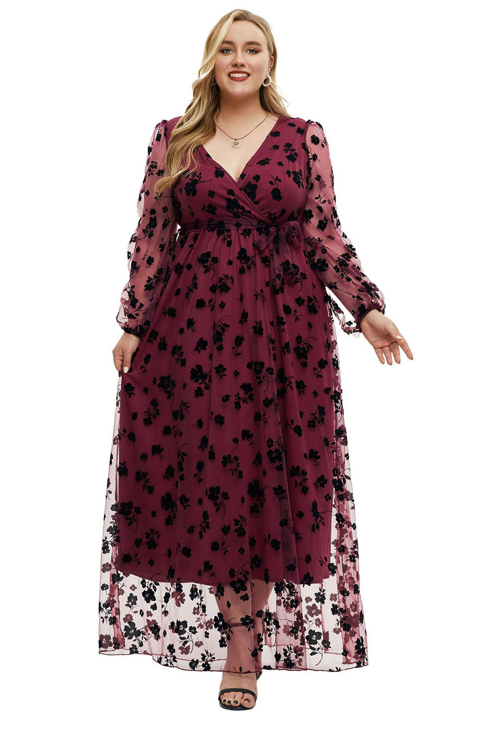 Plus Size Burgundia Długa Sukienka Na Wesele Z Dlugim Rekawem w Kwiaty