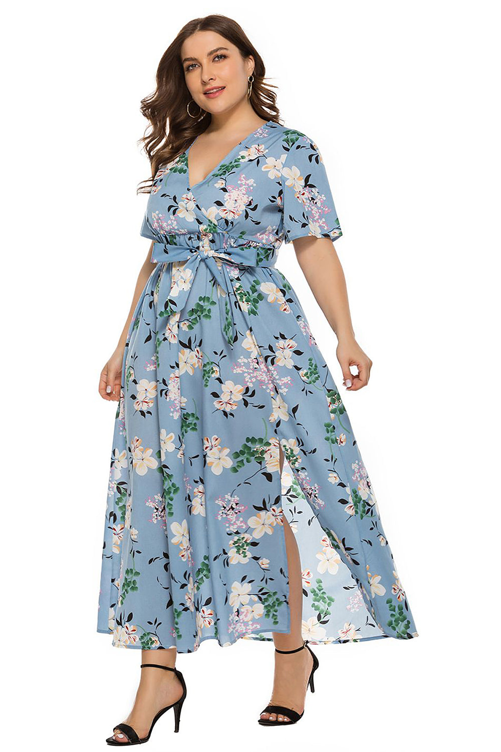 Plus Size Jasnoniebieska Kwiatowy Nadruk Sukienki Letnie z Krótki Rękaw