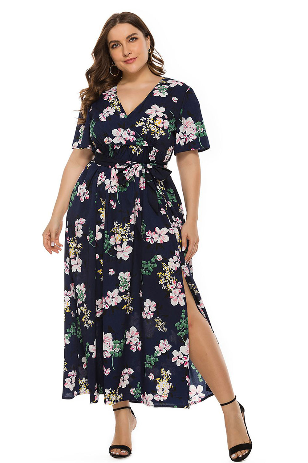 Plus Size Jasnoniebieska Kwiatowy Nadruk Sukienki Letnie z Krótki Rękaw