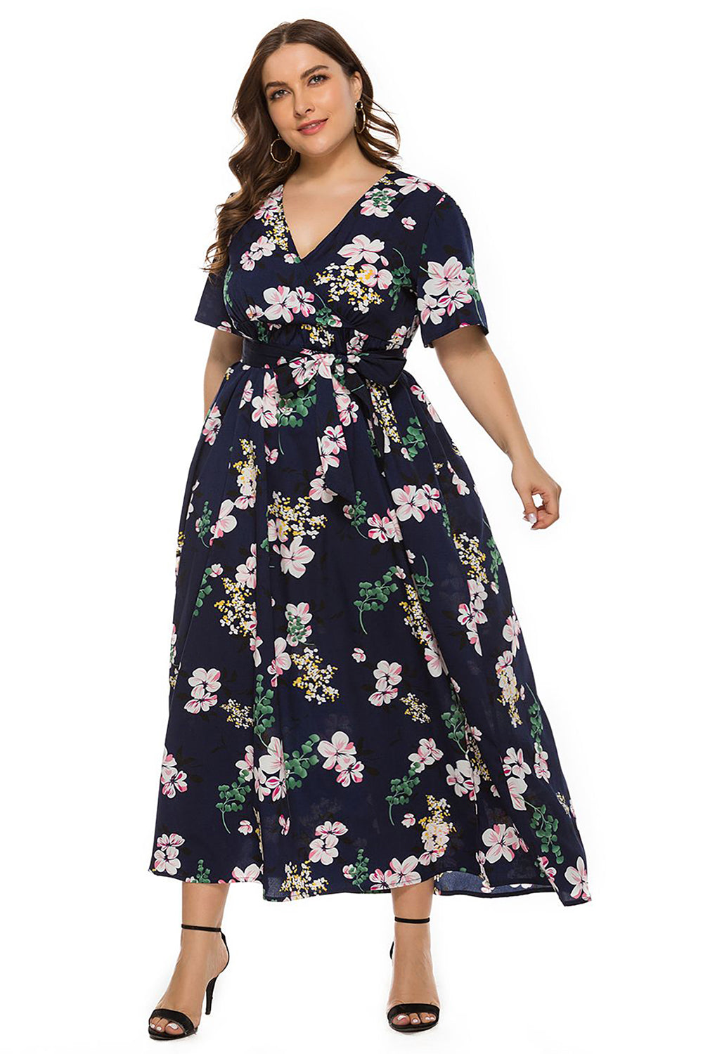 Plus Size Jasnoniebieska Kwiatowy Nadruk Sukienki Letnie z Krótki Rękaw