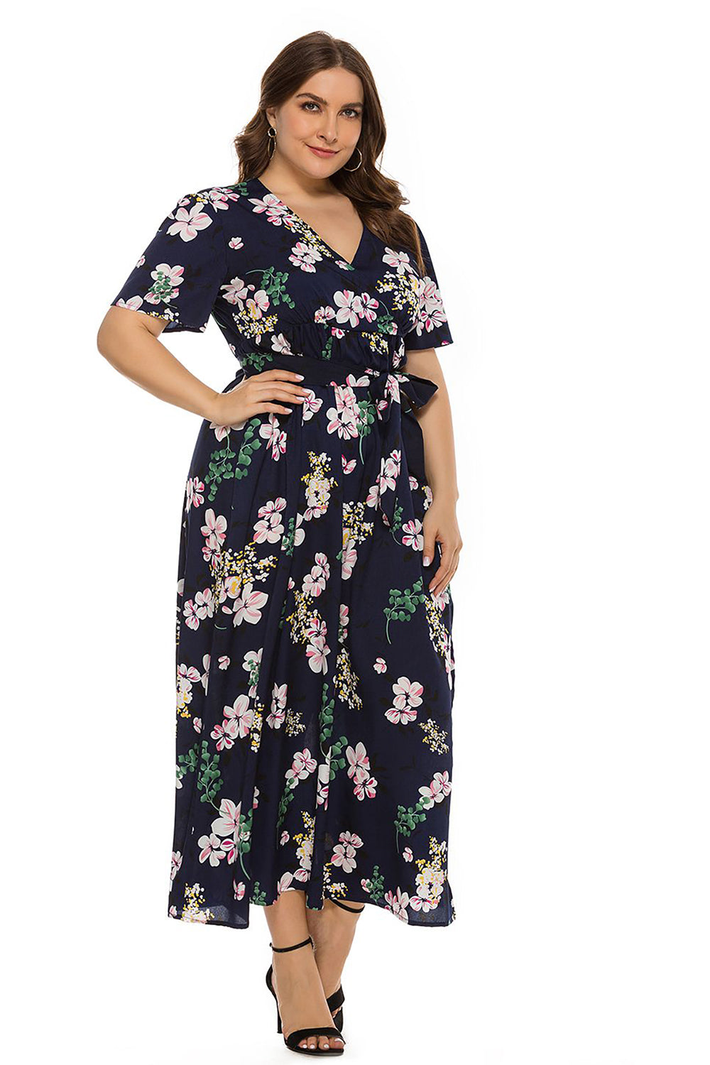 Plus Size Jasnoniebieska Kwiatowy Nadruk Sukienki Letnie z Krótki Rękaw