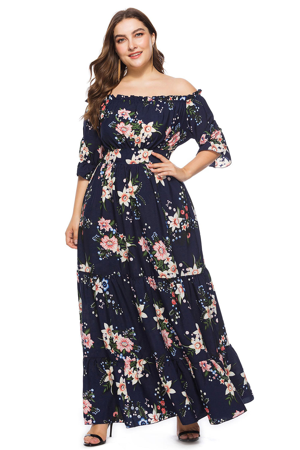 Granatowa Plus Size Kwiatowy Nadruk Sukienki Letnie z Odkrytymi Ramionami