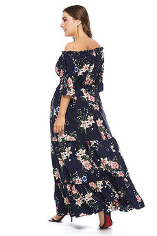 Granatowa Plus Size Kwiatowy Nadruk Sukienki Letnie z Odkrytymi Ramionami