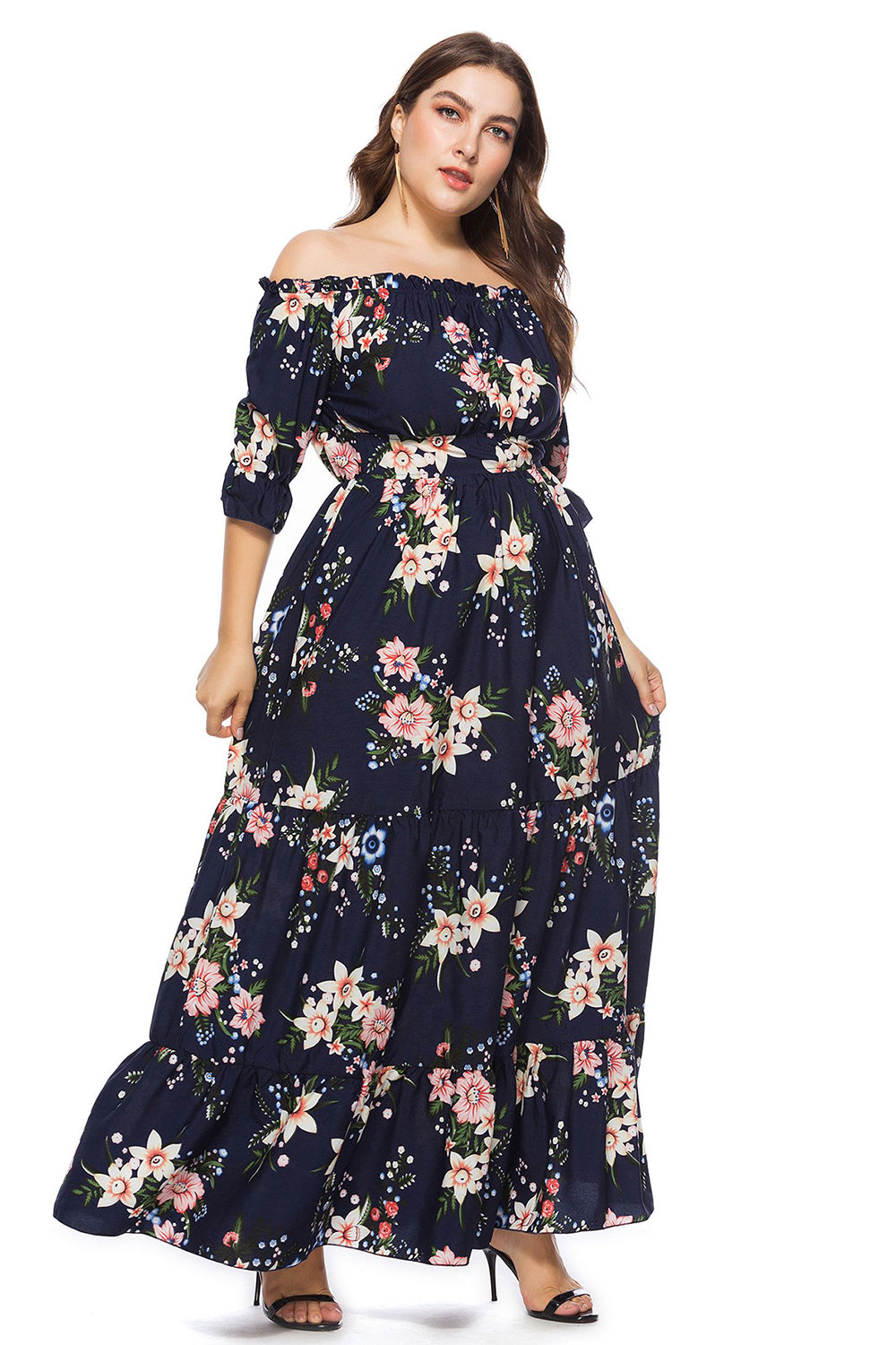 Granatowa Plus Size Kwiatowy Nadruk Sukienki Letnie z Odkrytymi Ramionami