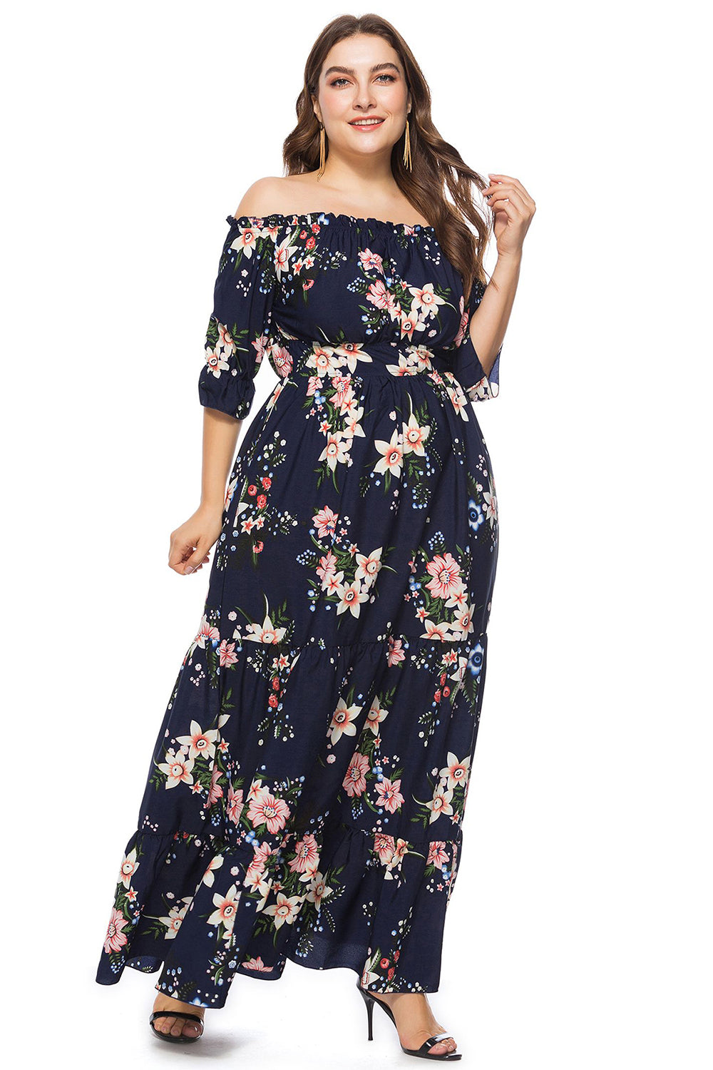 Granatowa Plus Size Kwiatowy Nadruk Sukienki Letnie z Odkrytymi Ramionami