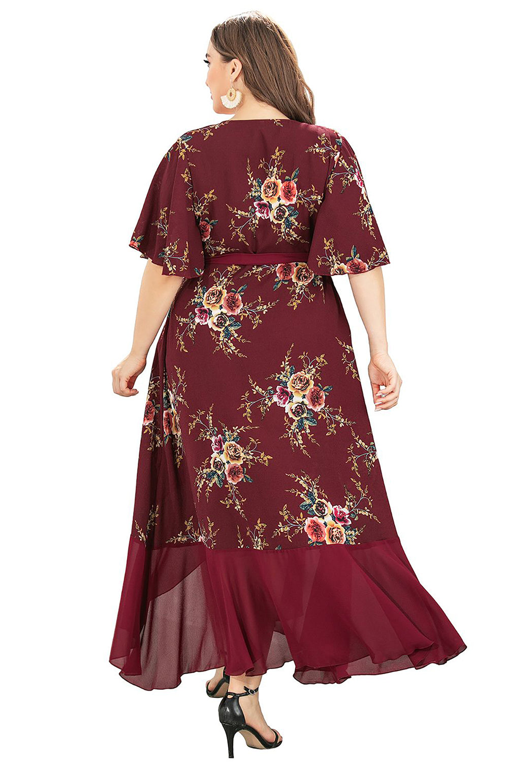 Burgundia Dekolt V Plus Size Asymetryczne Sukienki Letnie z Krótki Rękaw