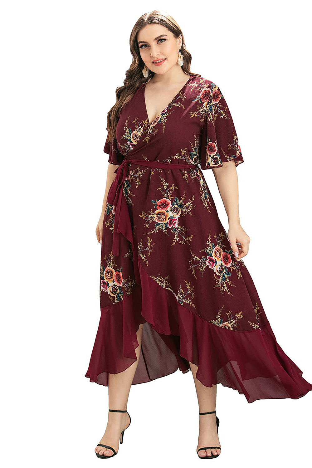 Burgundia Dekolt V Plus Size Asymetryczne Sukienki Letnie z Krótki Rękaw