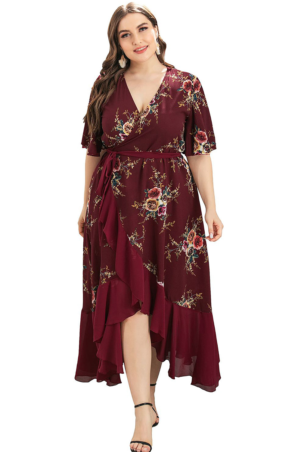 Burgundia Dekolt V Plus Size Asymetryczne Sukienki Letnie z Krótki Rękaw