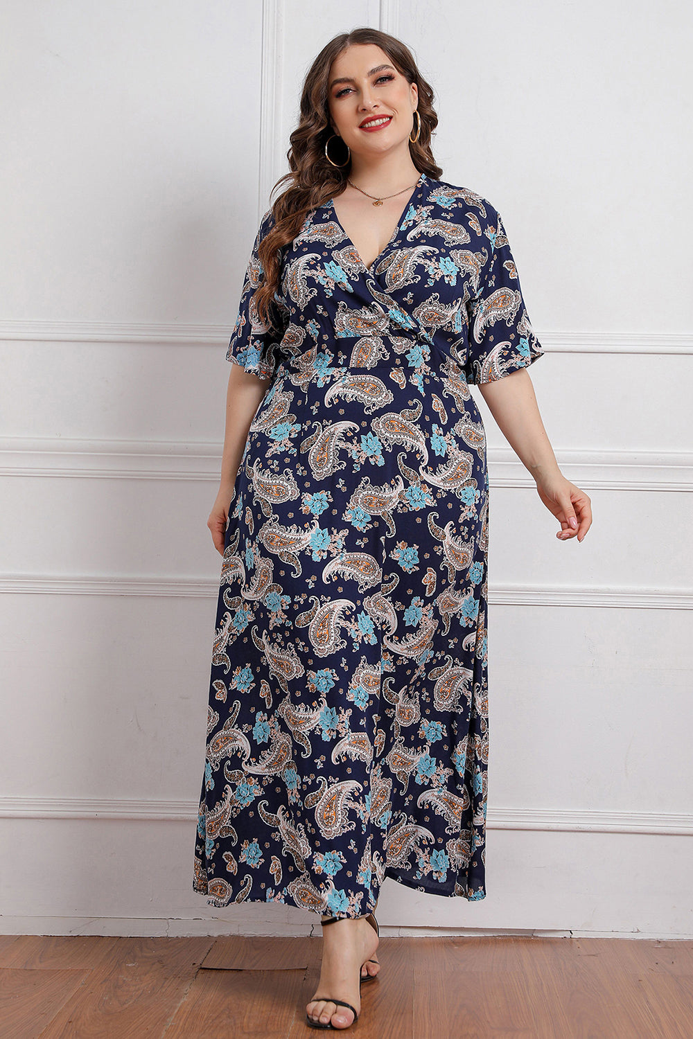 Plus Size Granatowa Sukienki Letnie z Krótki Rękaw