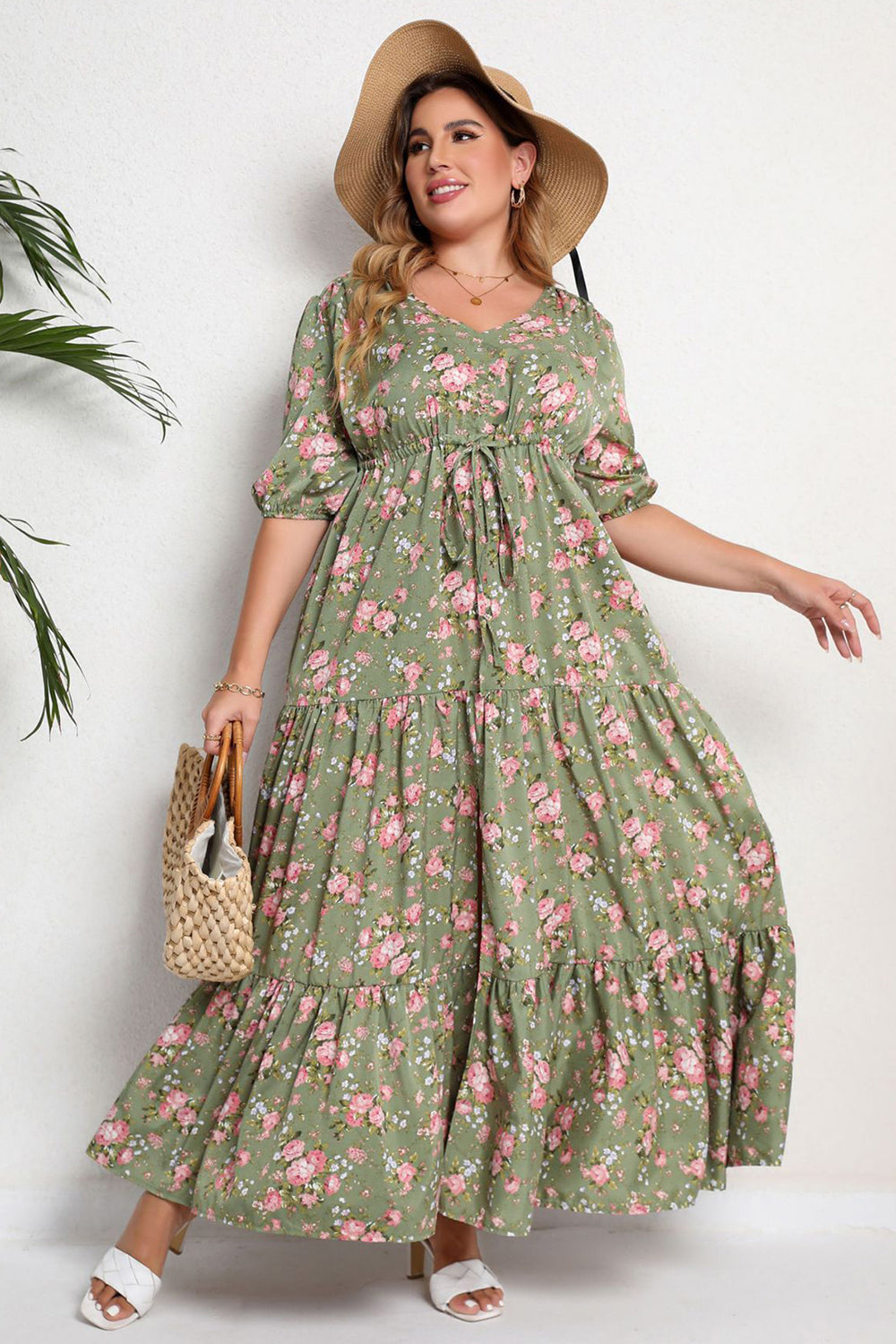 Plus Size Dekolt V Zielona Sukienki Letnie z Krótki Rękaw