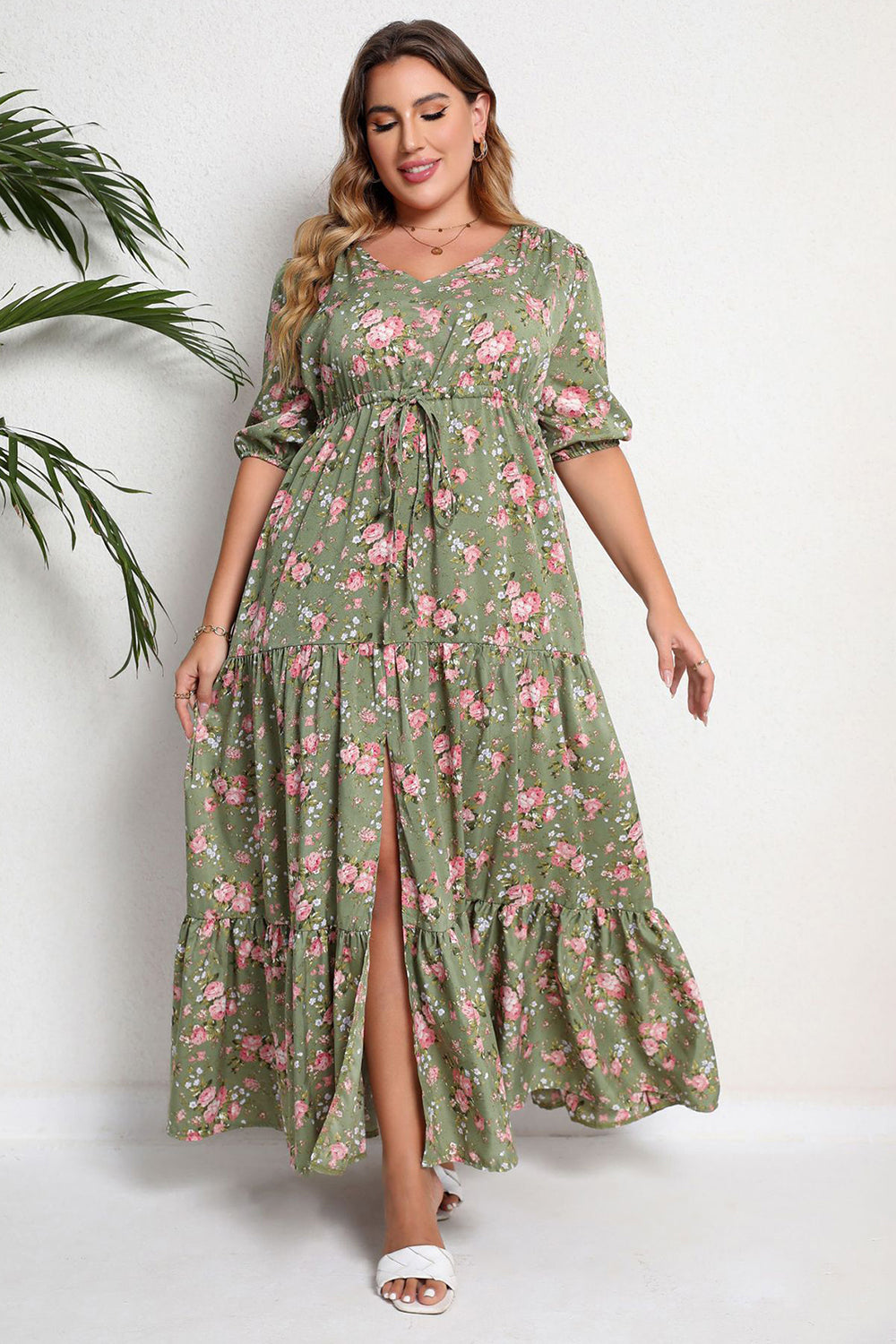 Plus Size Dekolt V Zielona Sukienki Letnie z Krótki Rękaw