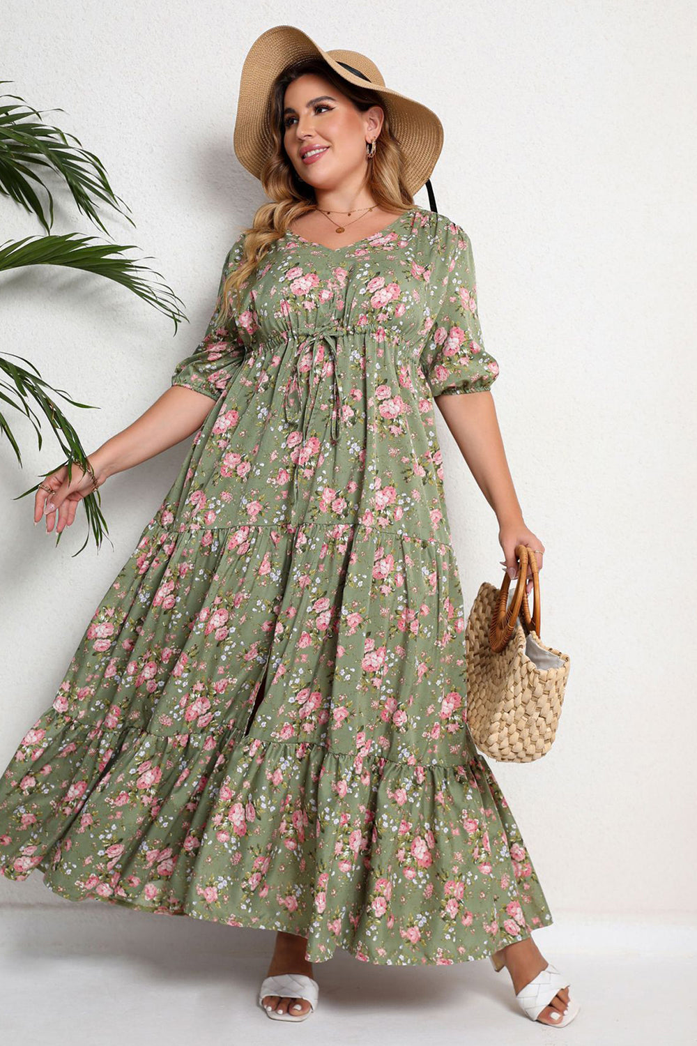 Plus Size Dekolt V Zielona Sukienki Letnie z Krótki Rękaw