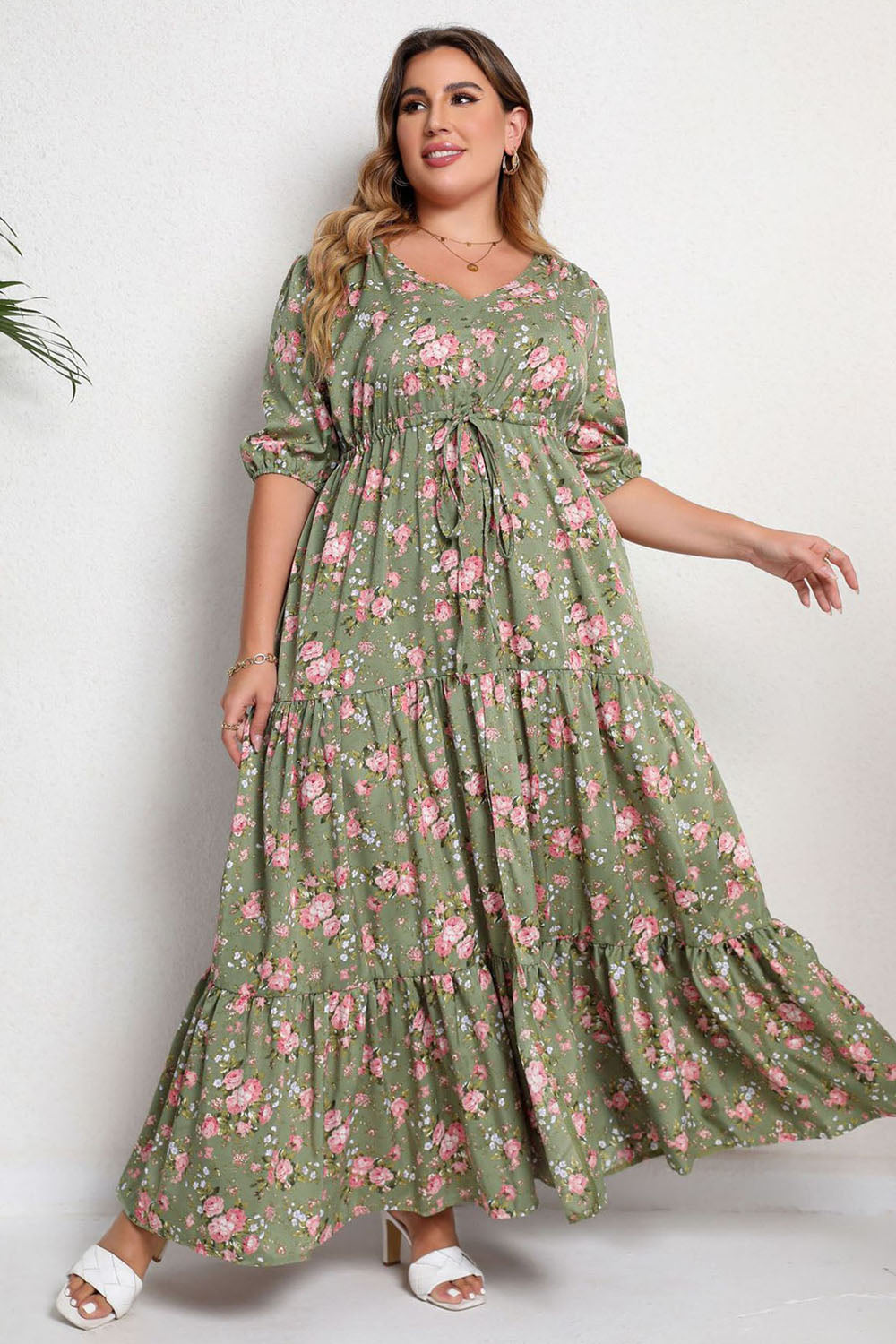 Plus Size Dekolt V Zielona Sukienki Letnie z Krótki Rękaw