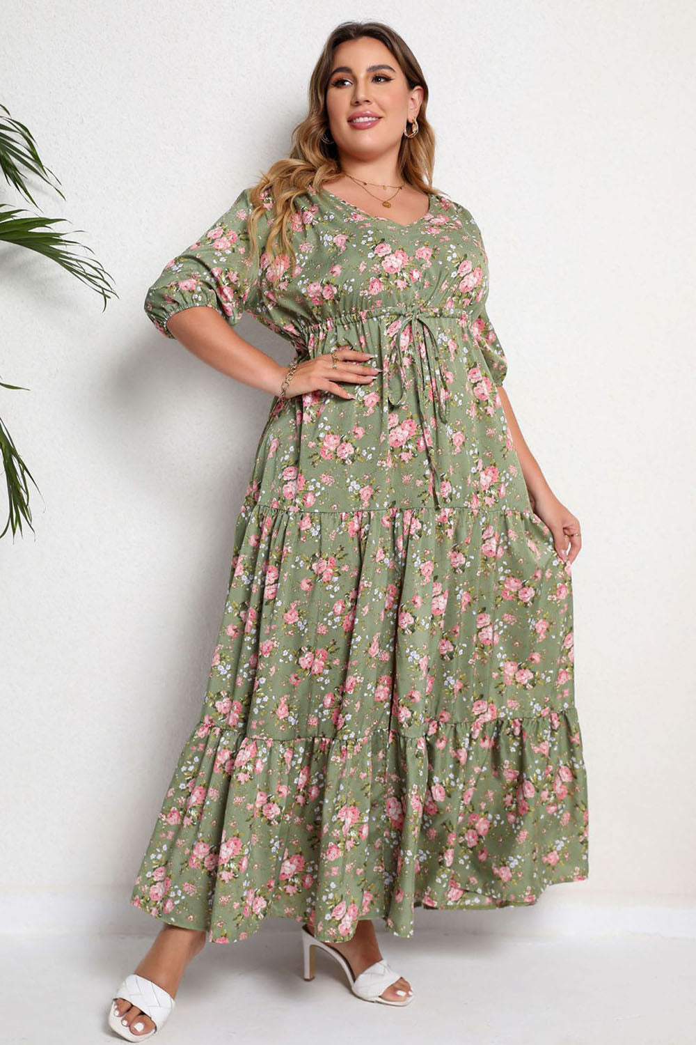 Plus Size Dekolt V Zielona Sukienki Letnie z Krótki Rękaw