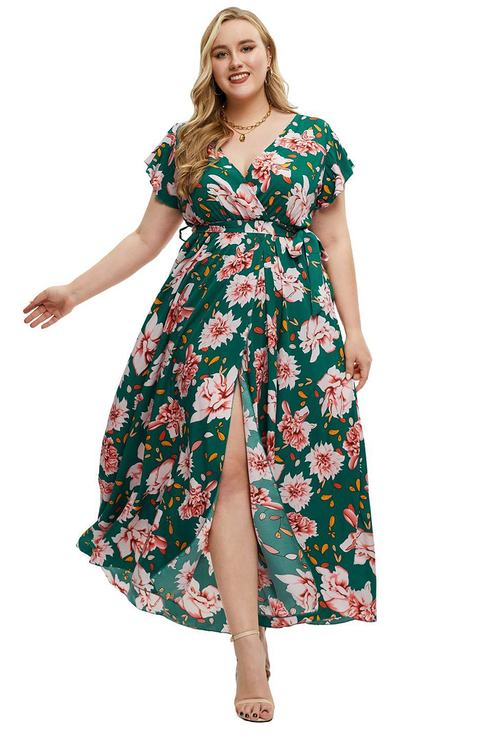 Plus Size Kwiatowy Nadruk Zielona Sukienki Na Co Dzień z Krótki Rękaw