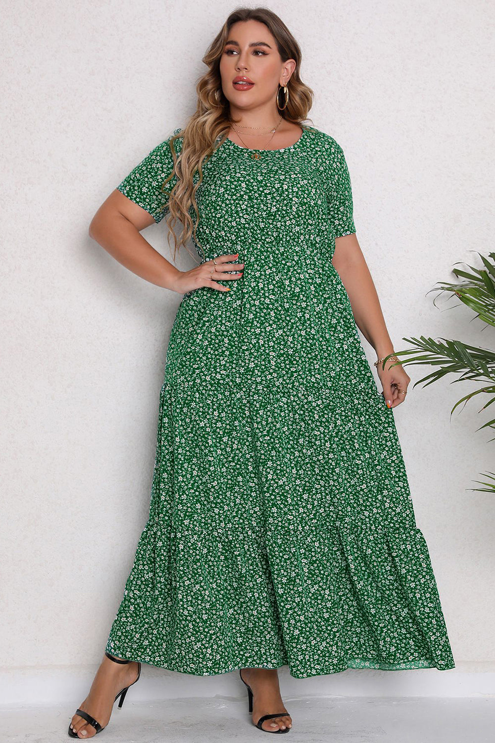 Plus Size Kwiatowy Nadruk Zielona Maxi Sukienki Na Co Dzień