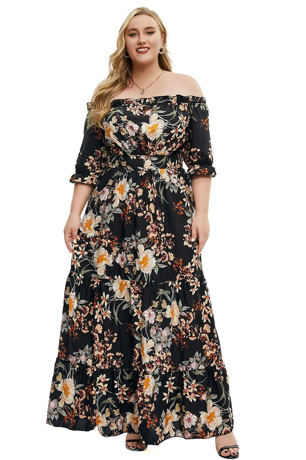 Plus Size Czarna Sukienki Letnie z Odkrytymi Ramionami