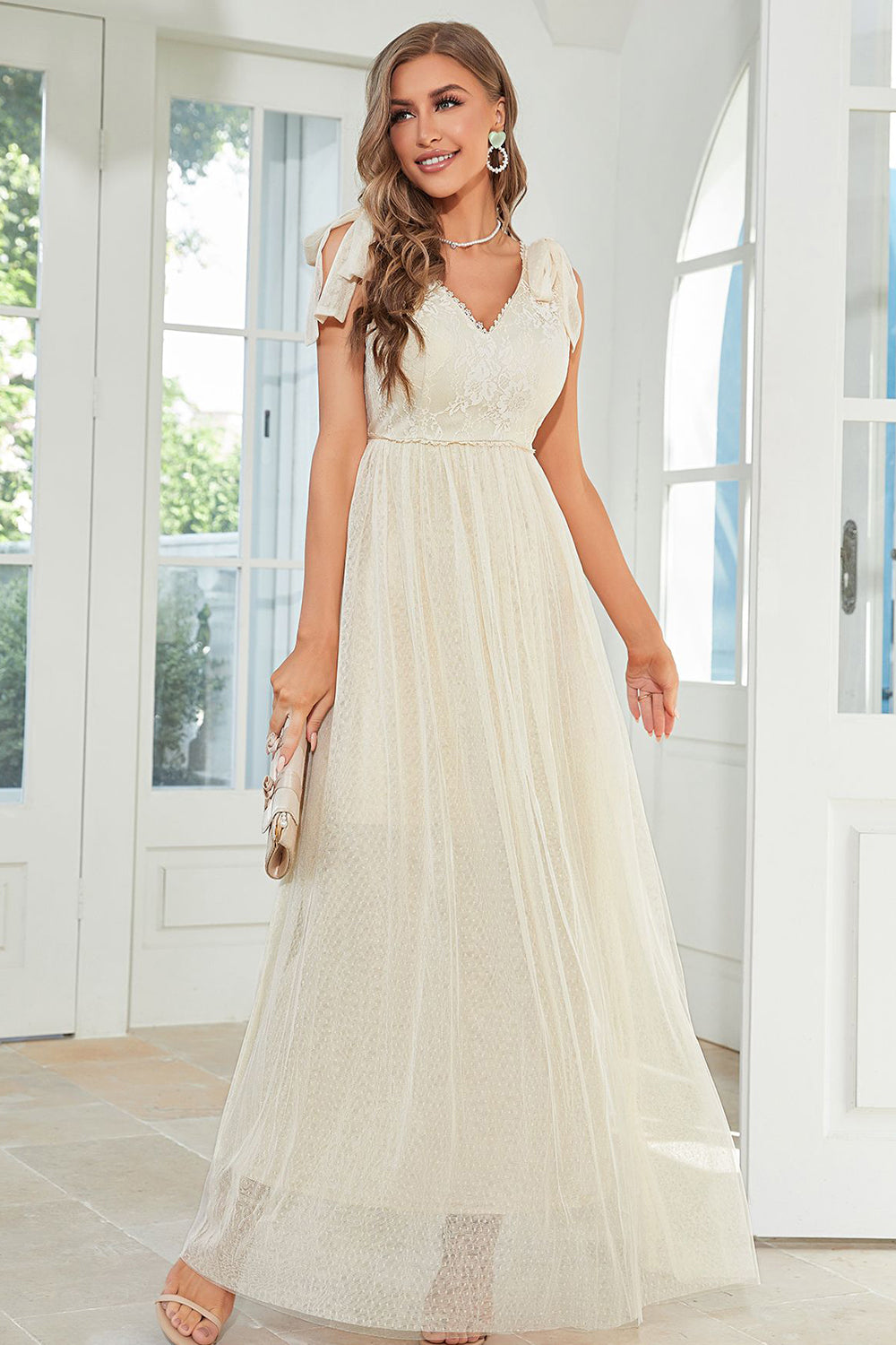 Koronkowa Morelowa Długa Sukienki Na Wesele z Kokardą