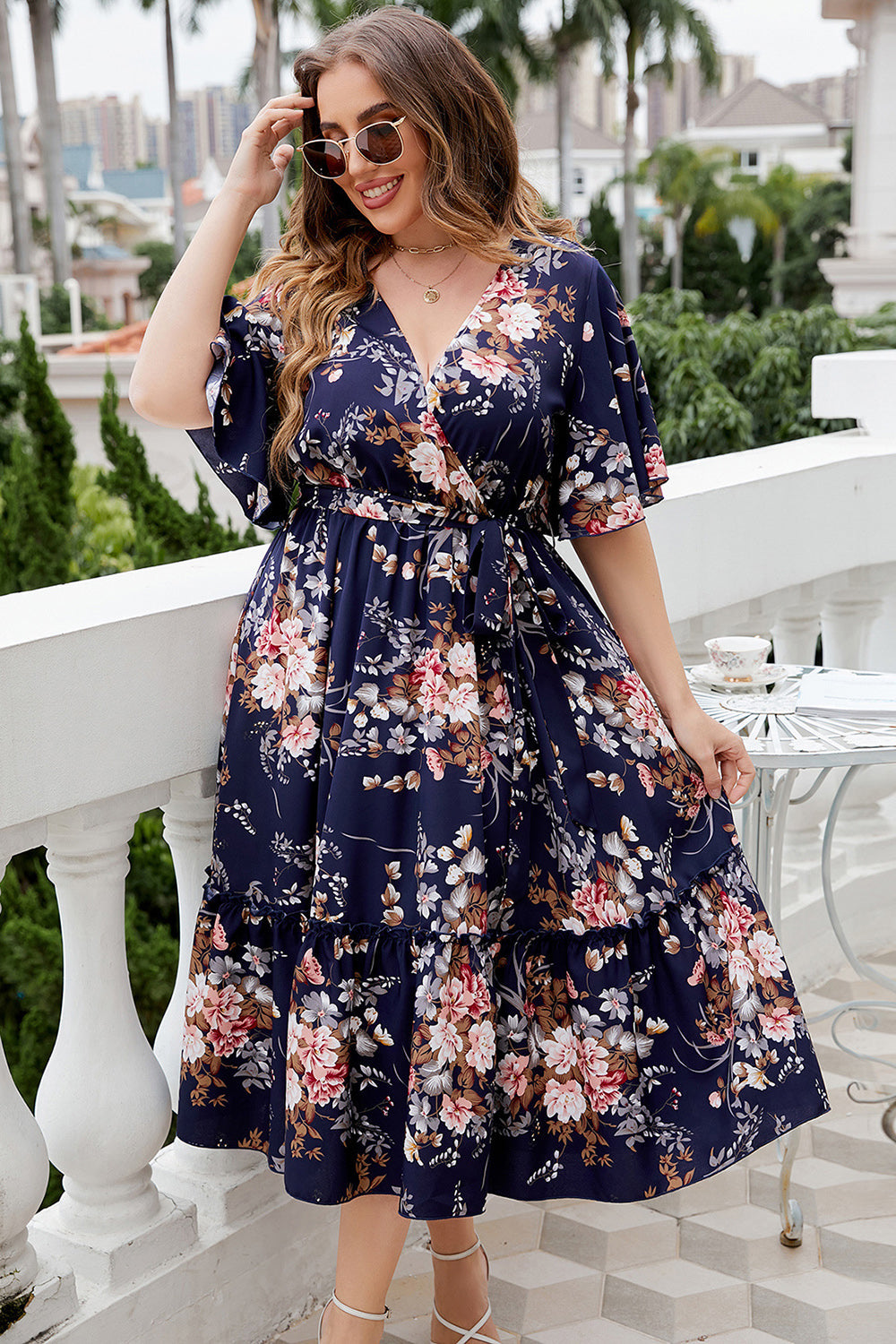 Plus Size V Neck Granatowa Letnia Sukienka Z Krótkim Rękawem