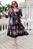 Plus Size V Neck Granatowa Letnia Sukienka Z Krótkim Rękawem
