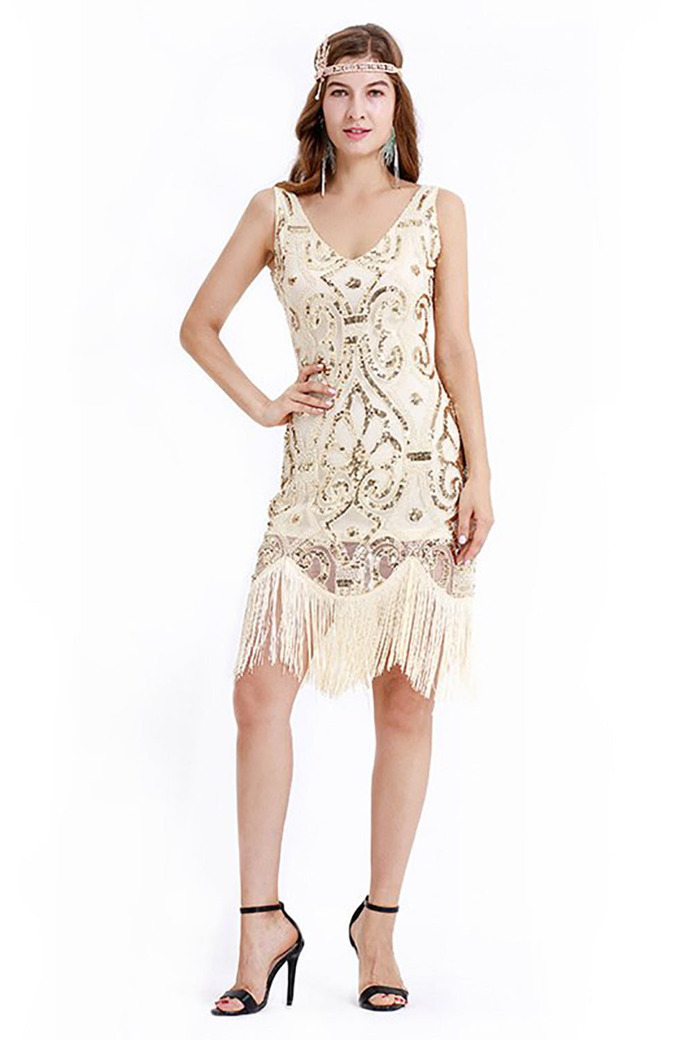 Błyszcząca Sukienka Z Morelą Z Dekoltem W Serek Gatsby Z Frędzlami