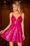 A-Line Spaghetti Straps Glitter Fuchsia Krótka sukienka Homecoming