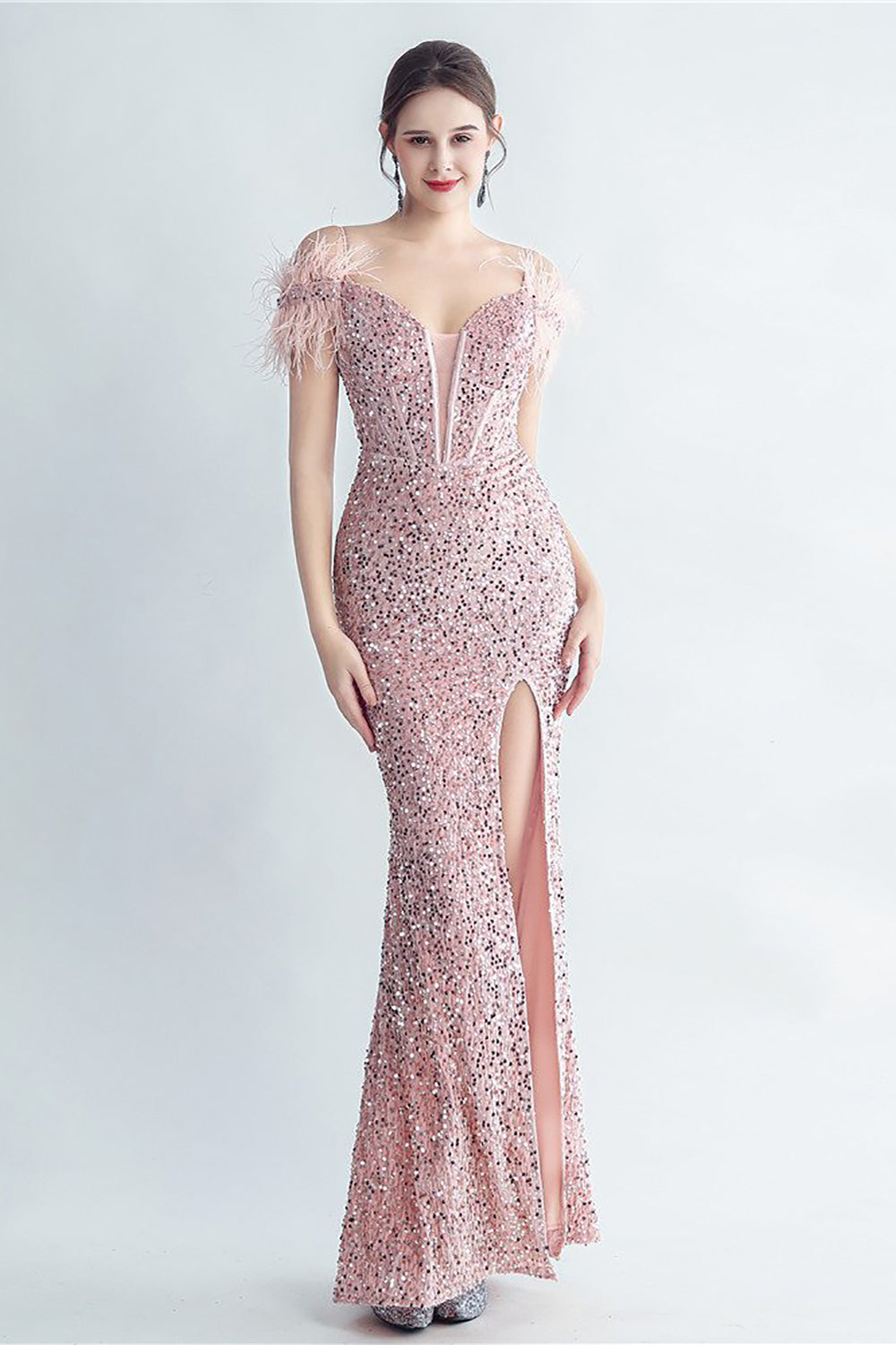 Cold Shoulder Cekiny Niebieski gorset Sukienka na studniówkę z piórami