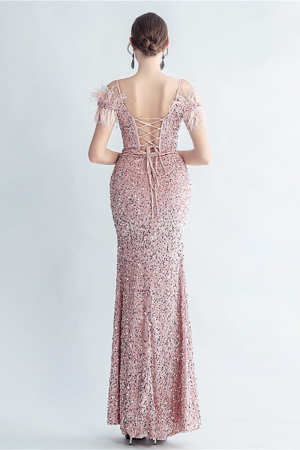 Cold Shoulder Cekiny Niebieski gorset Sukienka na studniówkę z piórami