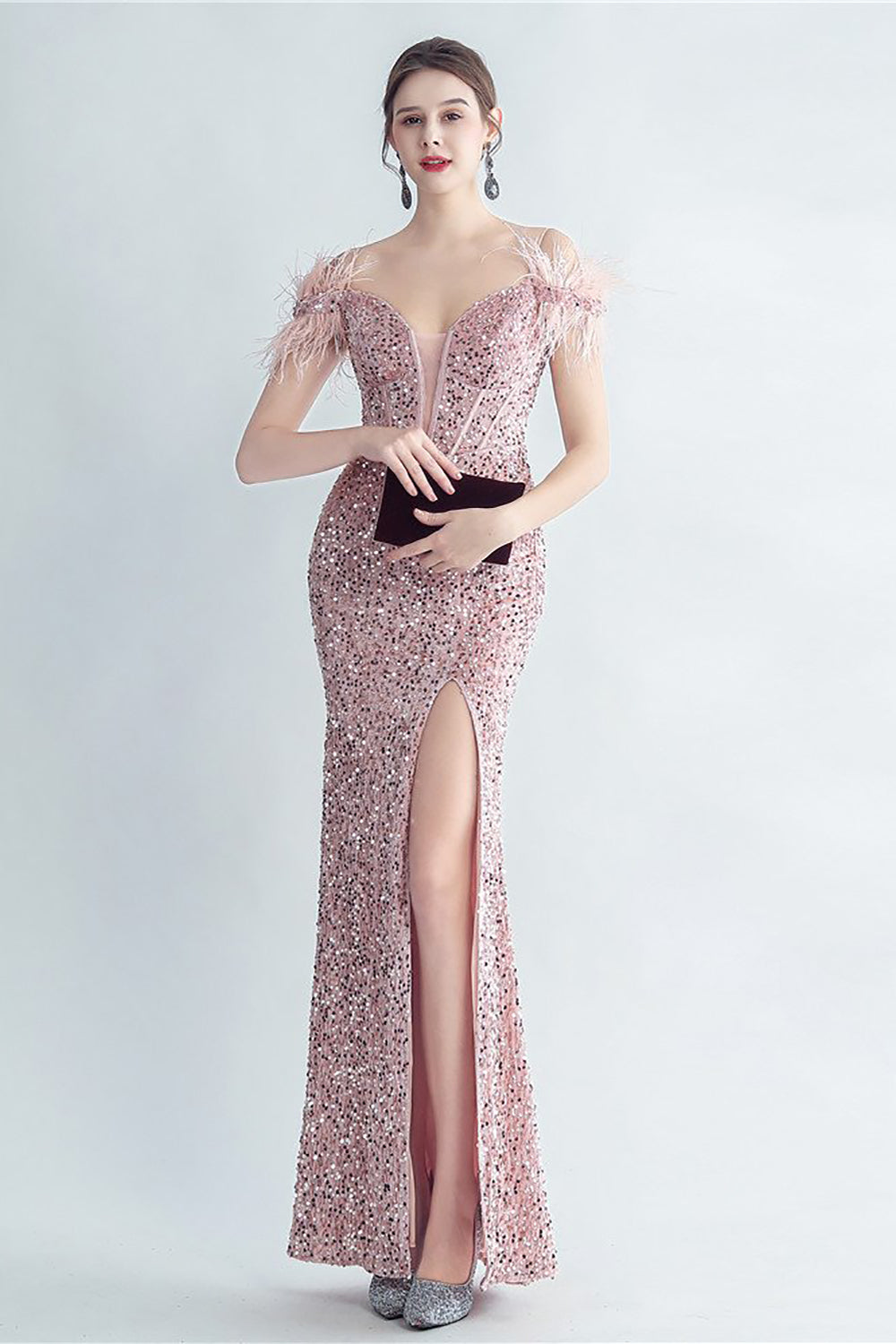 Cold Shoulder Cekiny Niebieski gorset Sukienka na studniówkę z piórami