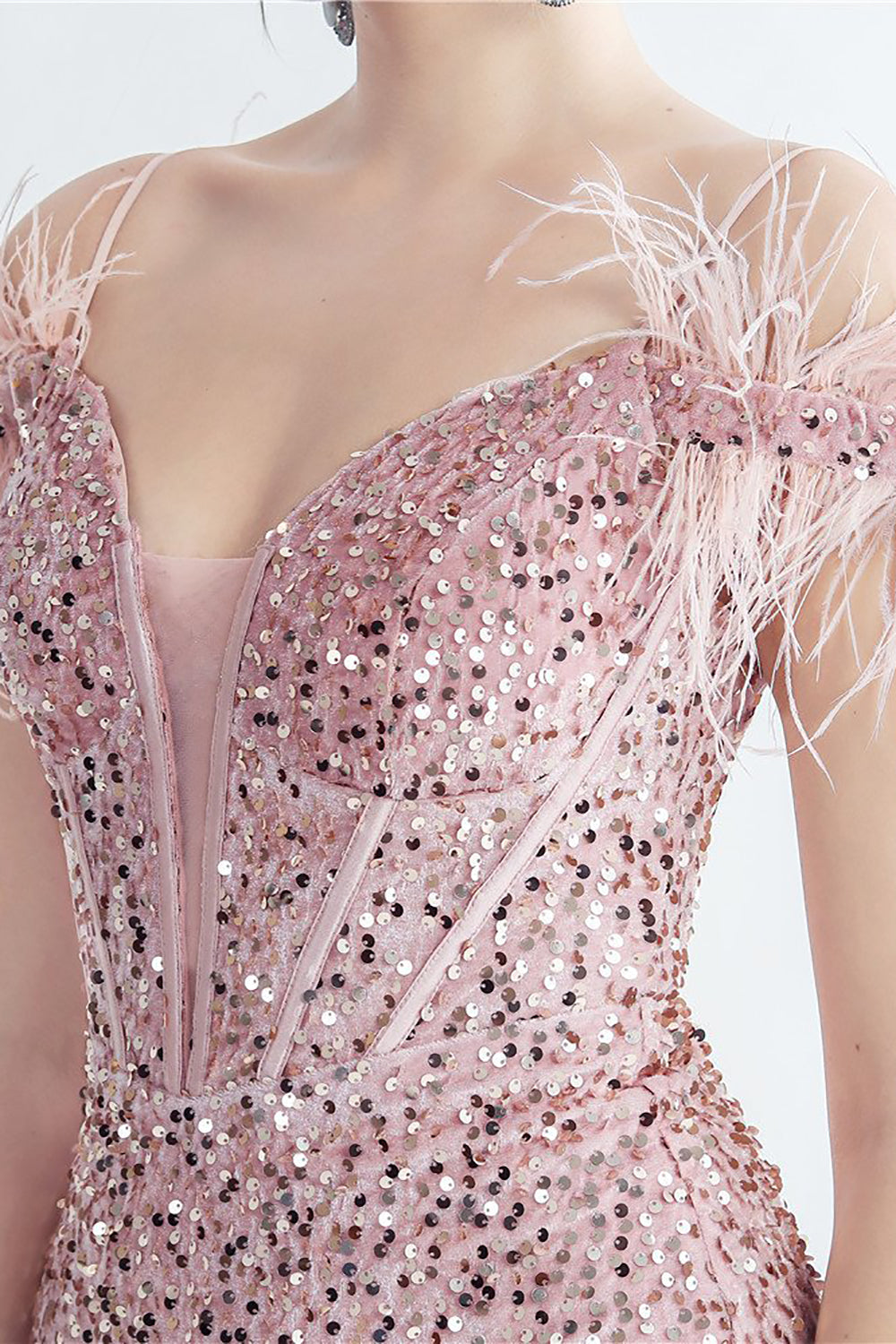 Cold Shoulder Cekiny Niebieski gorset Sukienka na studniówkę z piórami