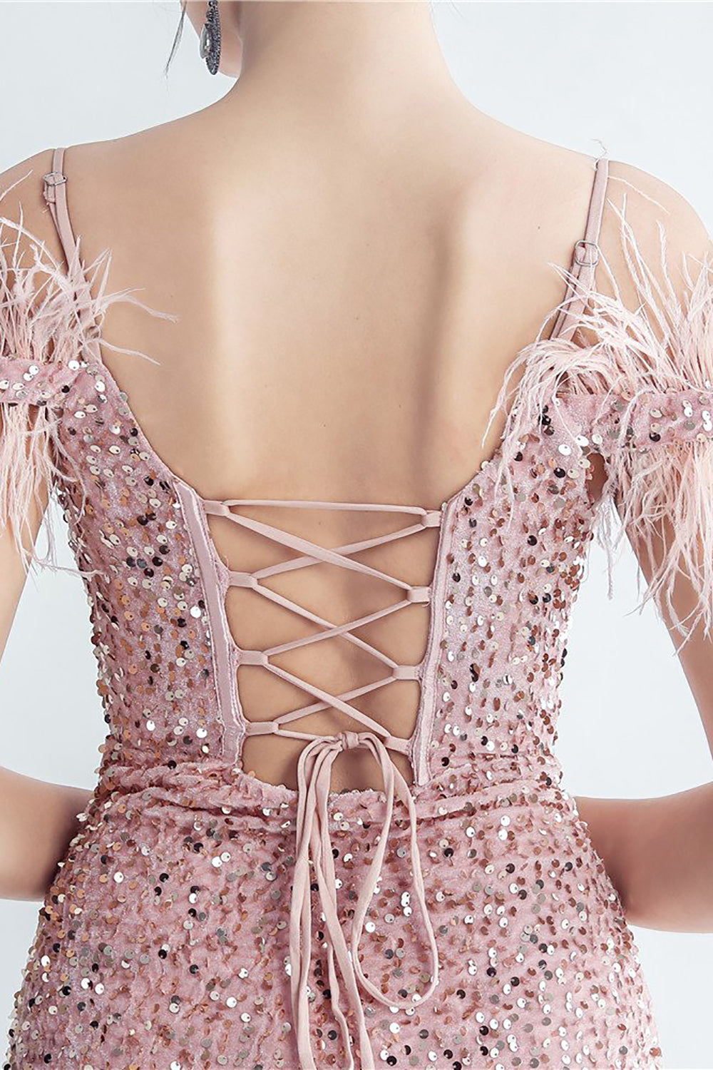 Cold Shoulder Cekiny Niebieski gorset Sukienka na studniówkę z piórami