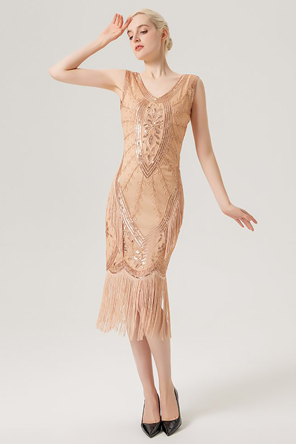 Błyszcząca Czarna Dekolt V Sukienka Flapper Z Frędzlami