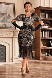 Czarny Złoty Dekolt V Fringe 1920s Gatsby Sukienka Z Cekinami