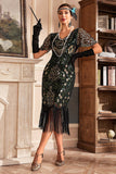 Czarny Złoty Dekolt V Fringe 1920s Gatsby Sukienka Z Cekinami