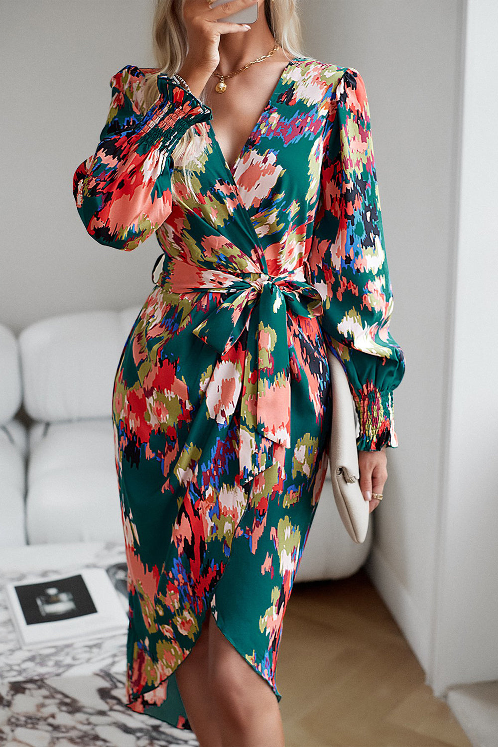 Ciemnozielony Długi Rękaw V Dekolt Drukowana Sukienka Robocza