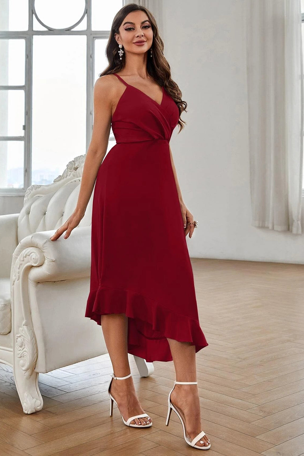 Ciemnoczerwona Linia Szyfon Dekolt V Cienkich Ramiączkach Sukienki Na Impreze