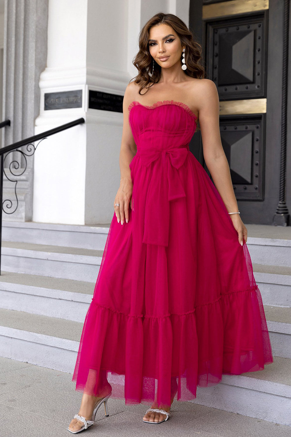 Fuksja Bez Ramiączek Tiulowa Długa Sukienka Studniówka