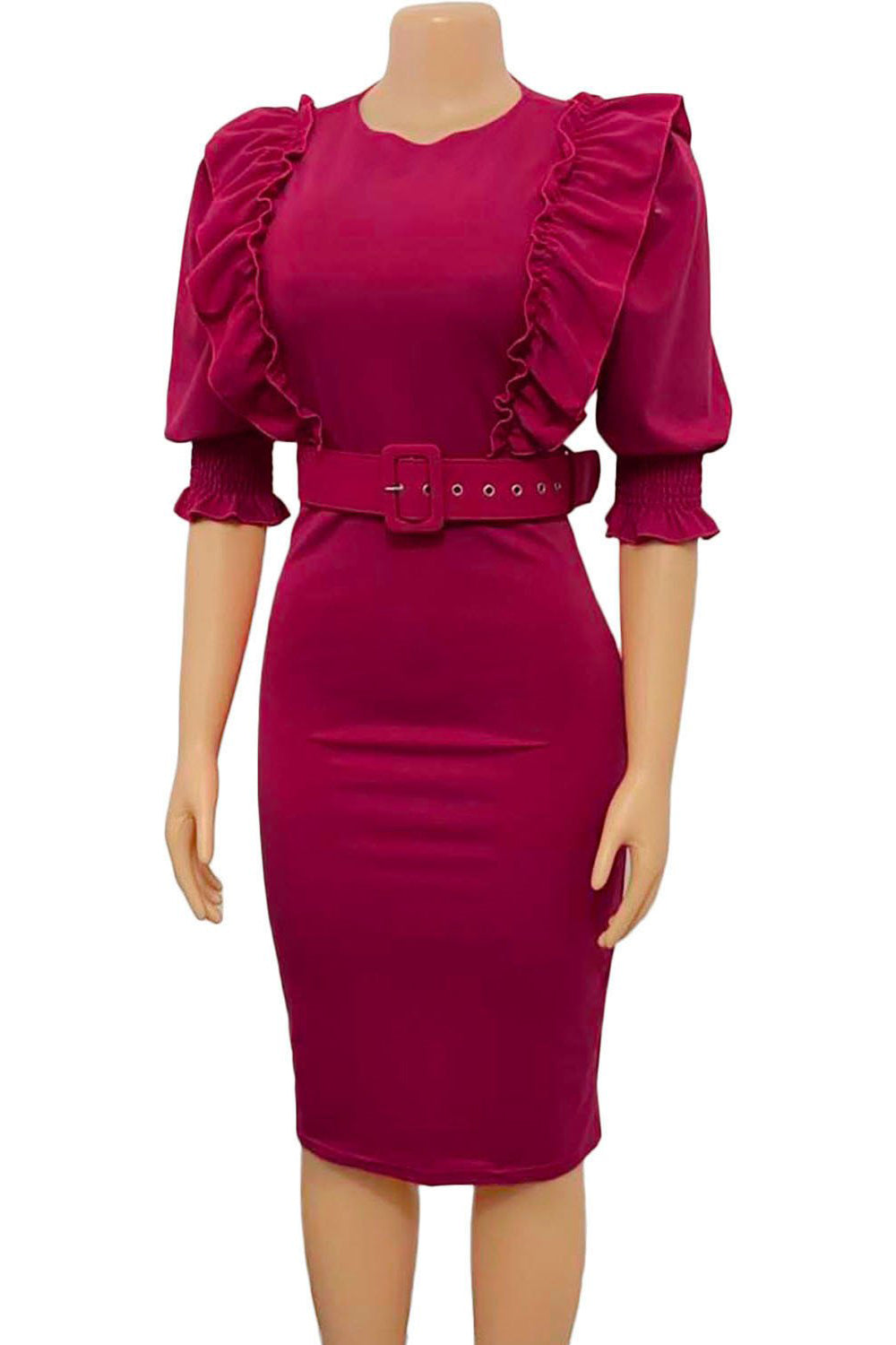 Dekolt Okrągły Fuksja Sukienka Robocza Z Bufiastymi Falbaniastymi Rękawami