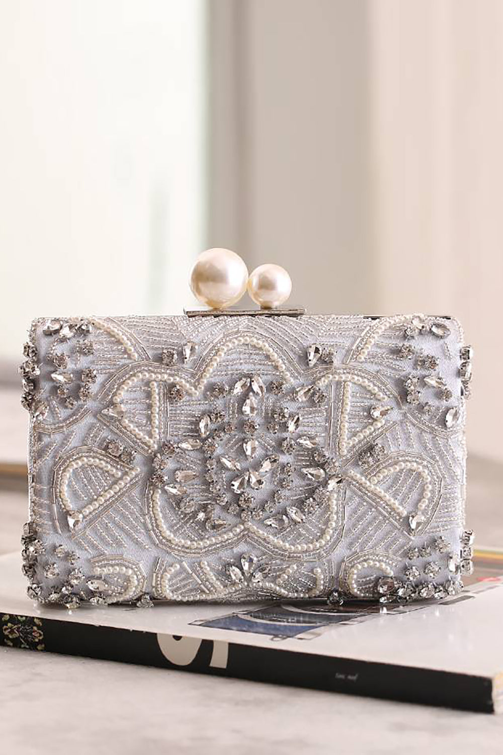 Szara brokatowa torba na kopertówkę wieczorową Rhinestone